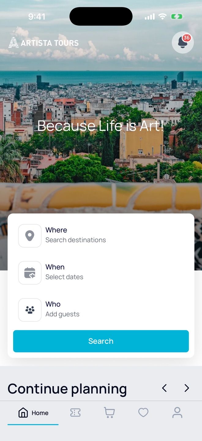 The Artista Tours app home screen