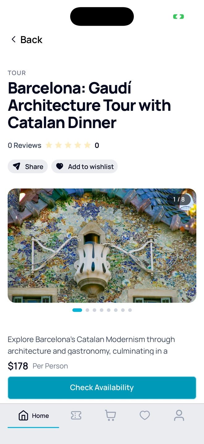 The Artista Tours app showing a Barcelona tour with photos, price and reviews
