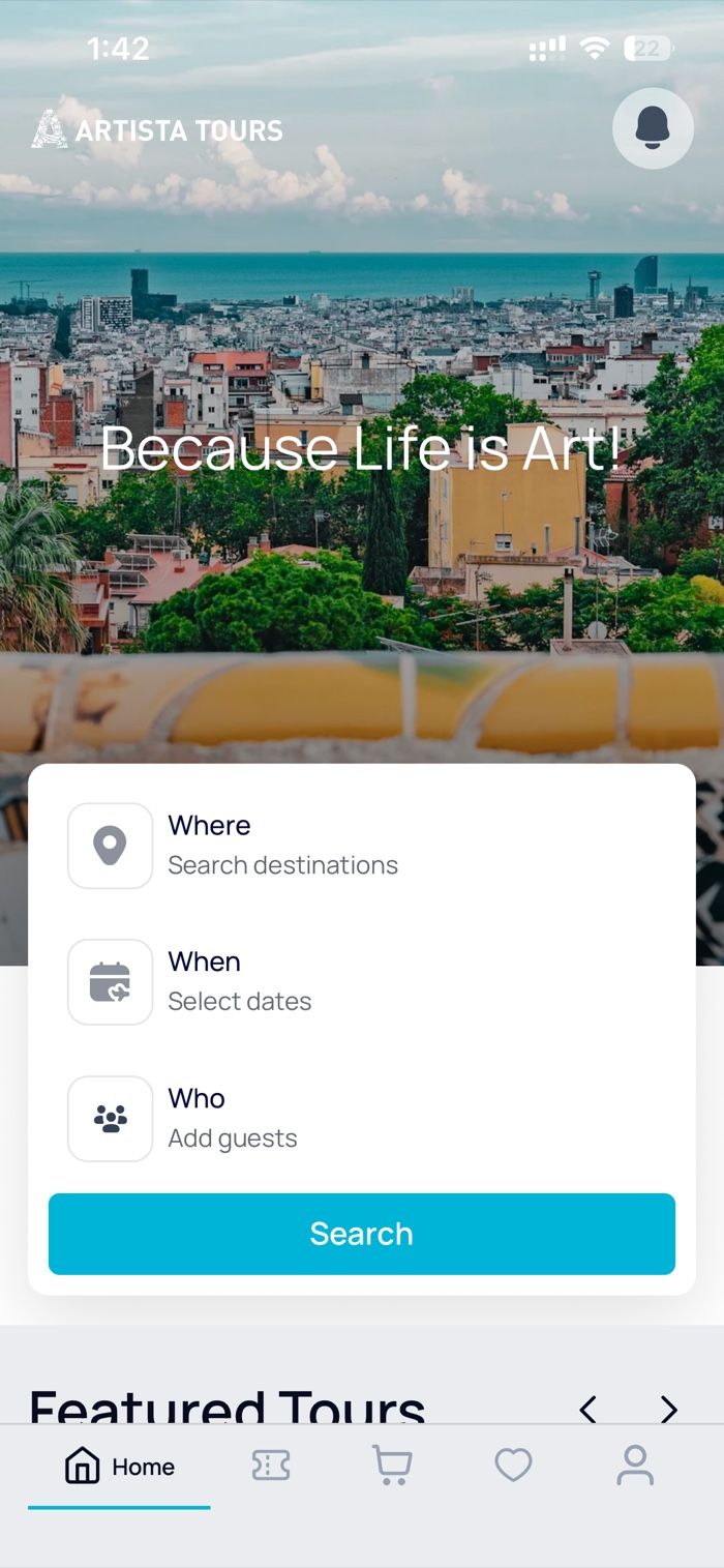 The Artista Tours app home screen